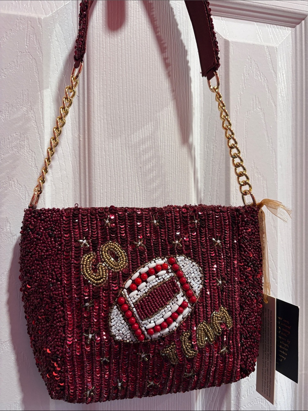 BNWT MADE IN INDIA Football Go Team Red Gold Beaded Shoulder Bag